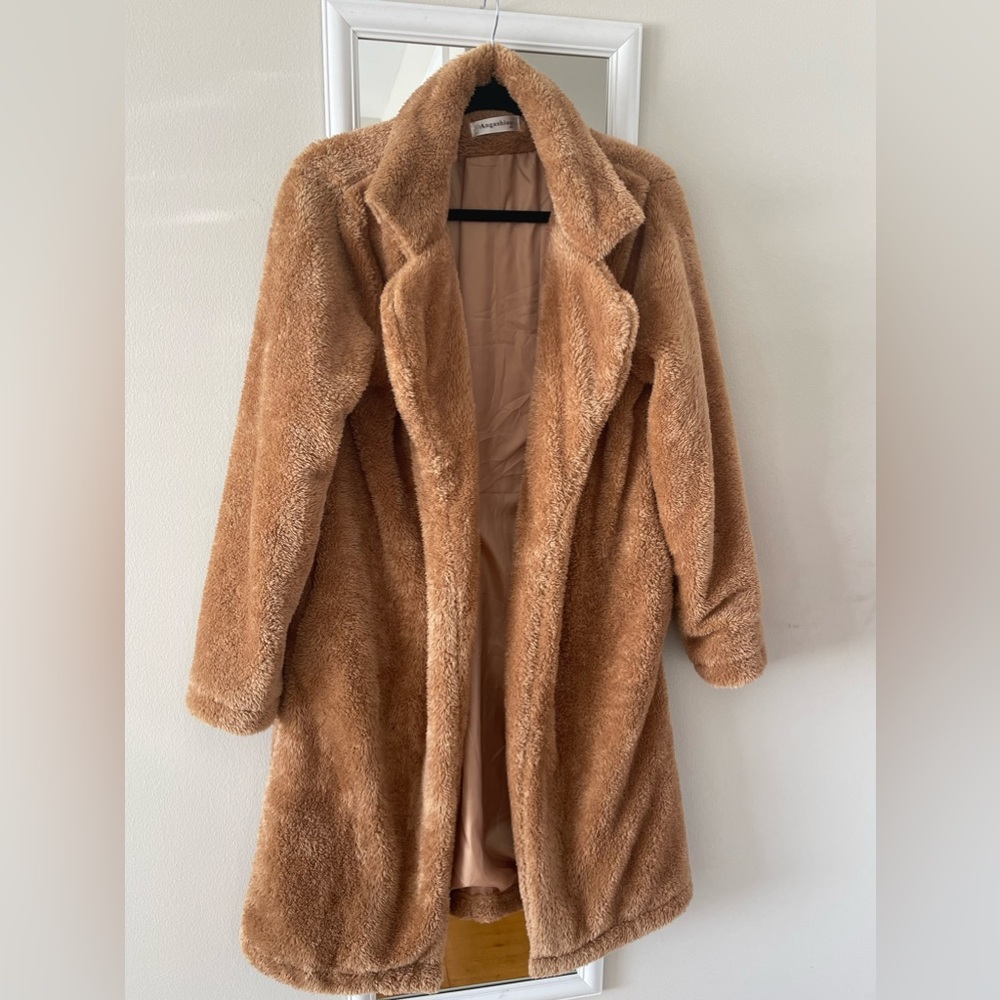 Angashion Fuzzy Feece Open Front Long Cardigan Coat